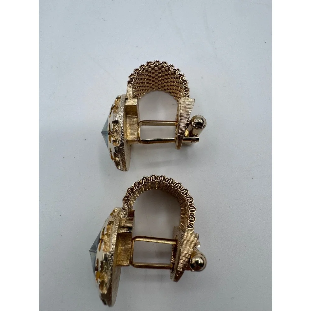 Vintage Gold Tone Mesh‎ Wrap Cufflinks Smoky Rhinestone Statement Men's